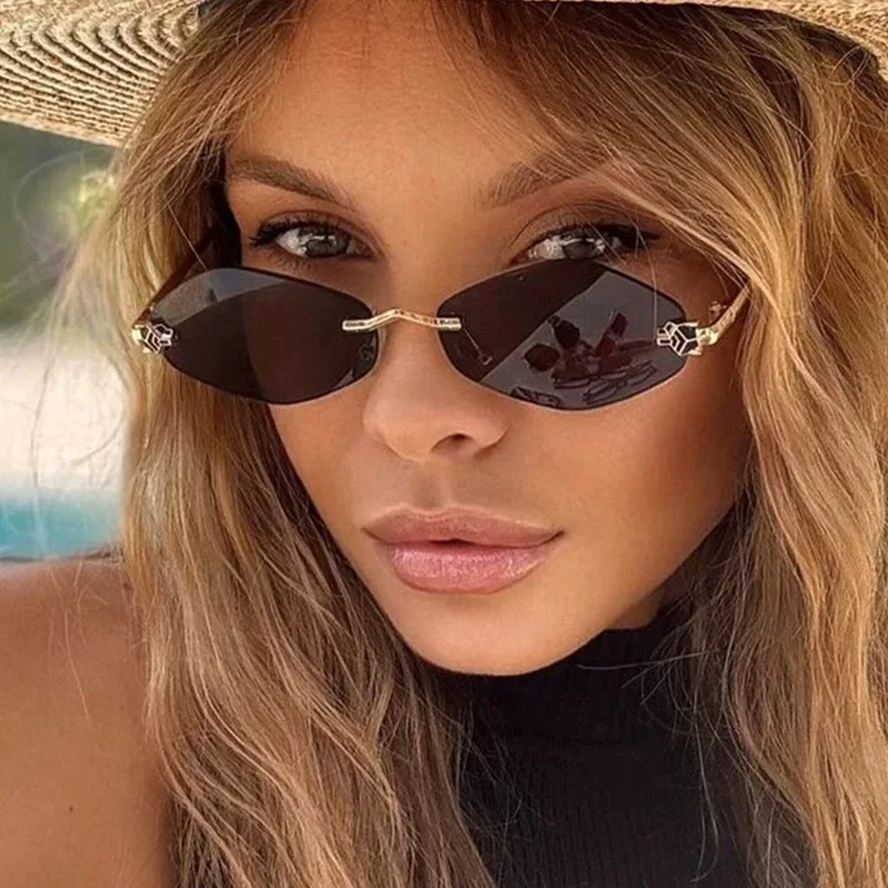 Vintage Rimless Rhombus Sunglasses with Leopard Head Detailing