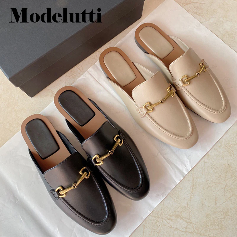 Modelutti 2022 New Spring Summer Fashion Buckle Design Genuine Leather Missed Heel Flat Shoes Loafers Mules Simple Casual Women