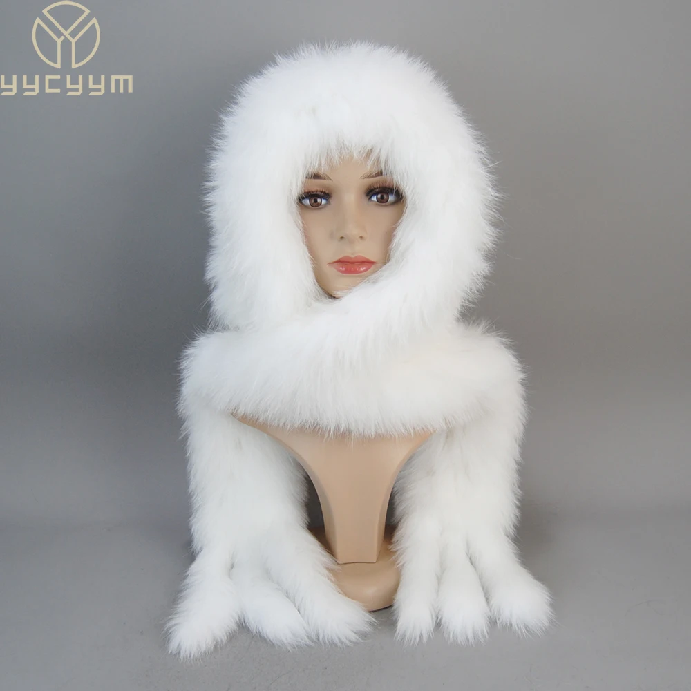 Women Natural Fox Fur Hats&Scarves Lady Warm Fluffy Real Fox Fur Hat&Scarf Luxury Knit Genuine Hooded Scarfs 2025 New Winter