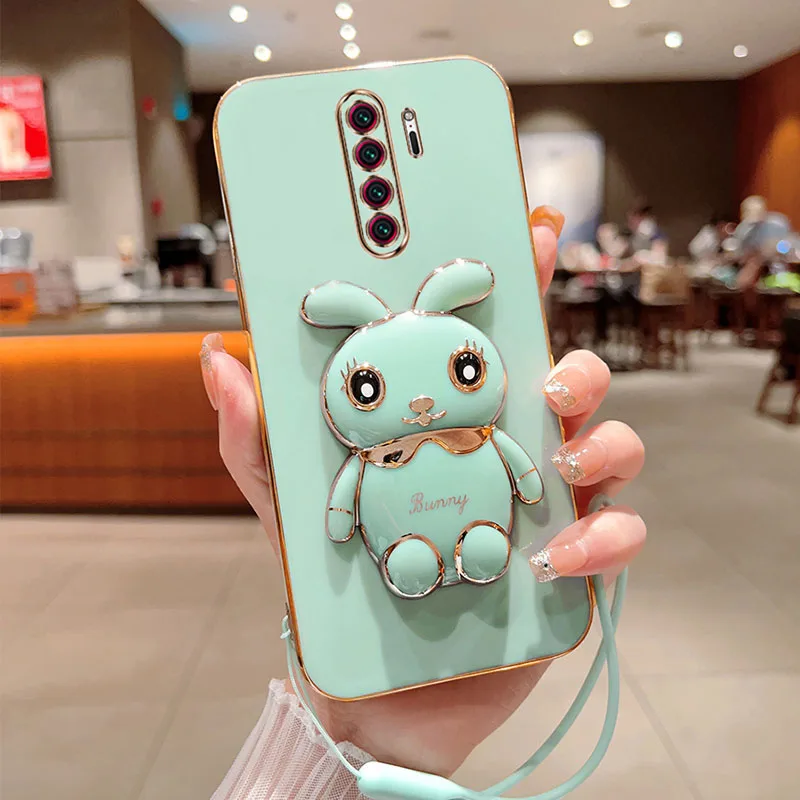 

For Xiaomi Redmi Note 8 Pro Phone Case Cute Cartoon Rabbit Fold Stand With Lanyard Soft Silicone Luxury Plating Cover