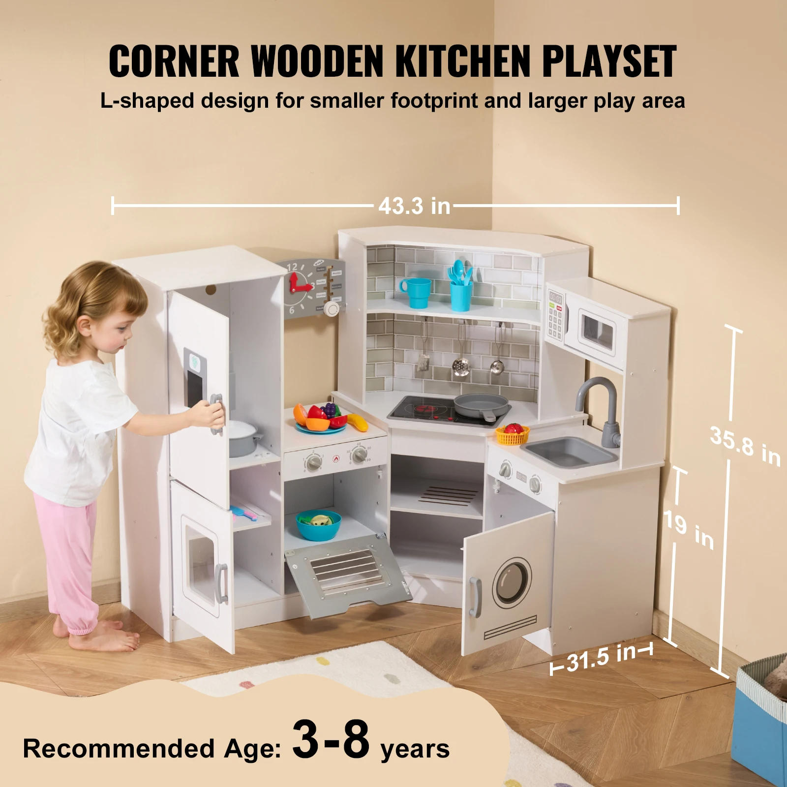 Wooden Corner Play Kitchen with Lights and Sounds for Kids