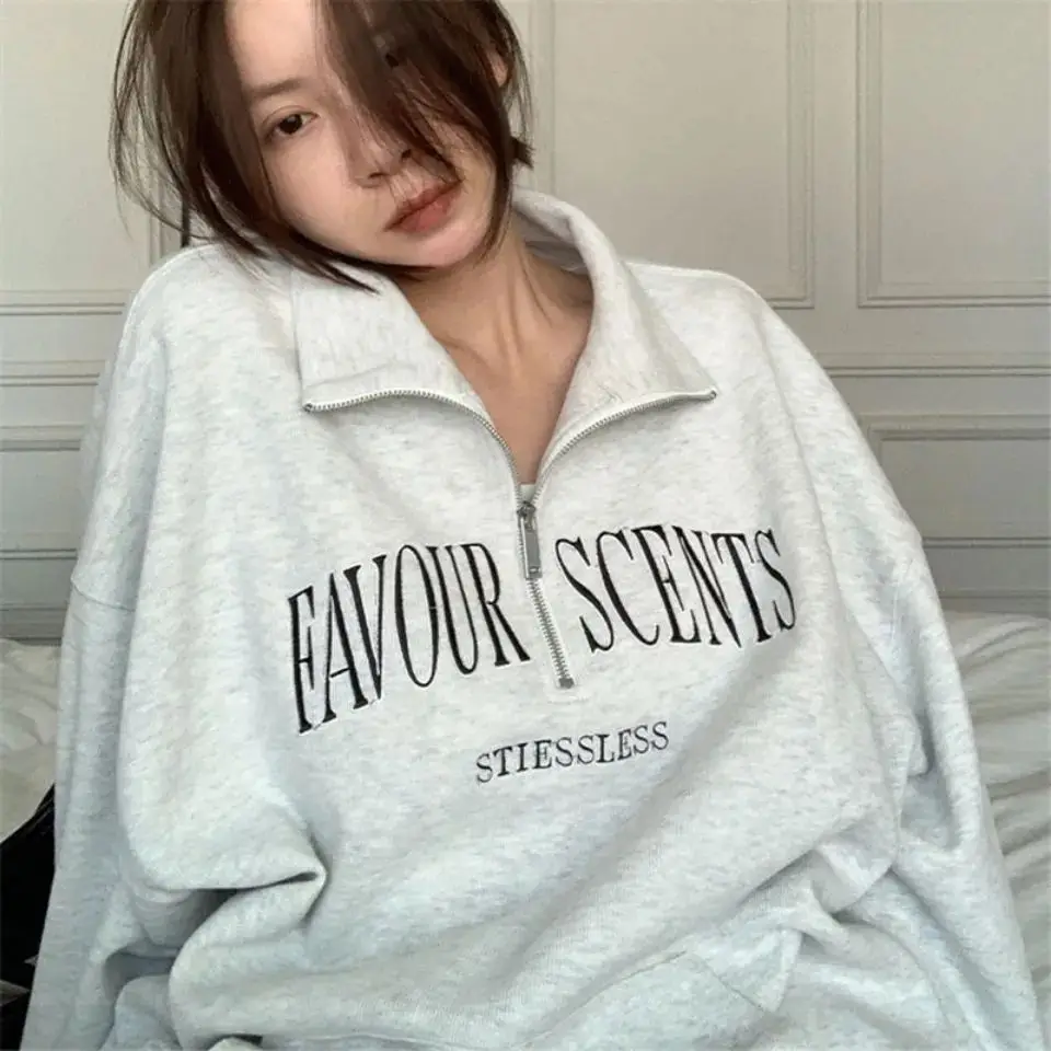 

Vintage American Letter Embroidery Oversized Sweatshirt Women Ladies POLO Neck Shirt Long Sleeve Top Autumn Fashion Streetwear