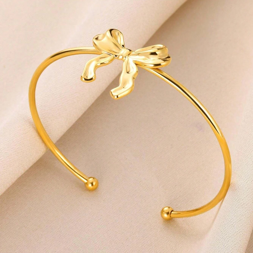 Bow Tie Bangles For Women Gold Stainless Steel Butterfly Cuff Open Bracelet