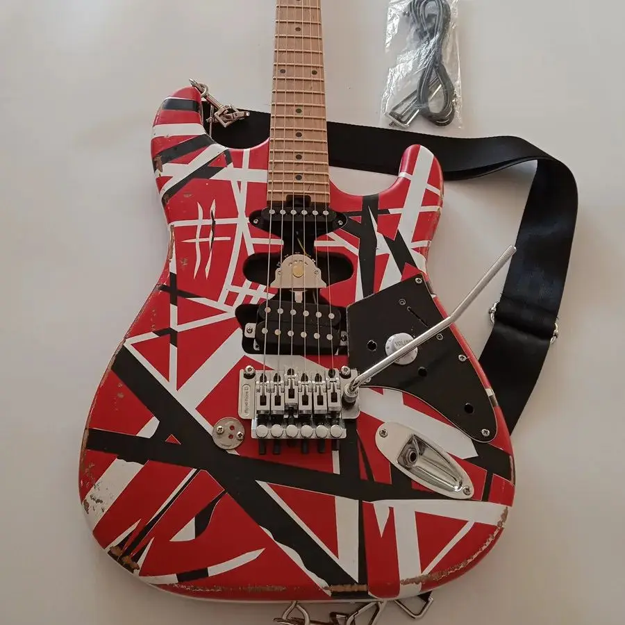 6 strings Electric Guitar Roasted Maple Neck Red Body Decorated with Black and White Stripes
