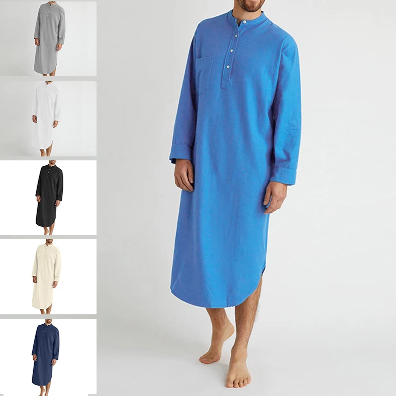 

Muslim Mens Robe Long Sleeve Casual Male Abaya Cotton Nightgown Knee-length Arabic Tunic Shirts Black Jubba Thobe White Kurtas