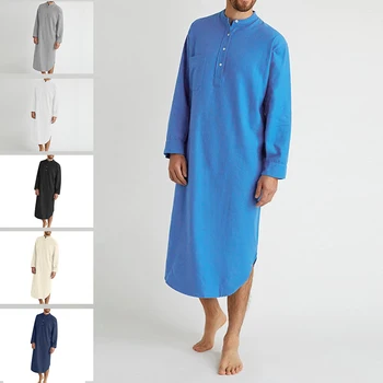 Muslim Mens Robe Long Sleeve Casual Male Abaya Cotton Nightgown Knee-length Arabic Tunic Shirts Black Jubba Thobe White Kurtas