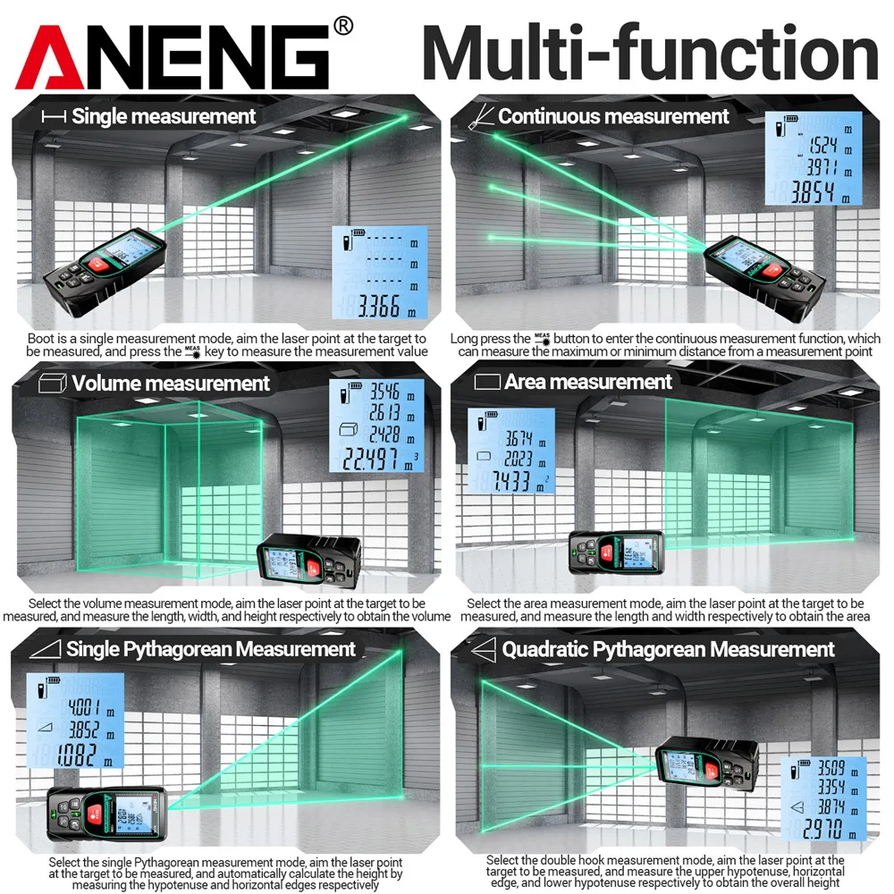 ANENG K50/70/100/120 Laser Rangefinder Volume/Area Measure &plusmn;3mm Measurement accuracy 20 Group Data Storage Diastimeter Test Tool laser rangefinder distance meter