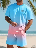 Hawaiian Style Men's T-shirt Beach Pants Suit Daily Casual Stylish Men's Short-sleeved Top Outdoor Vacation Men's Athletic Short 1