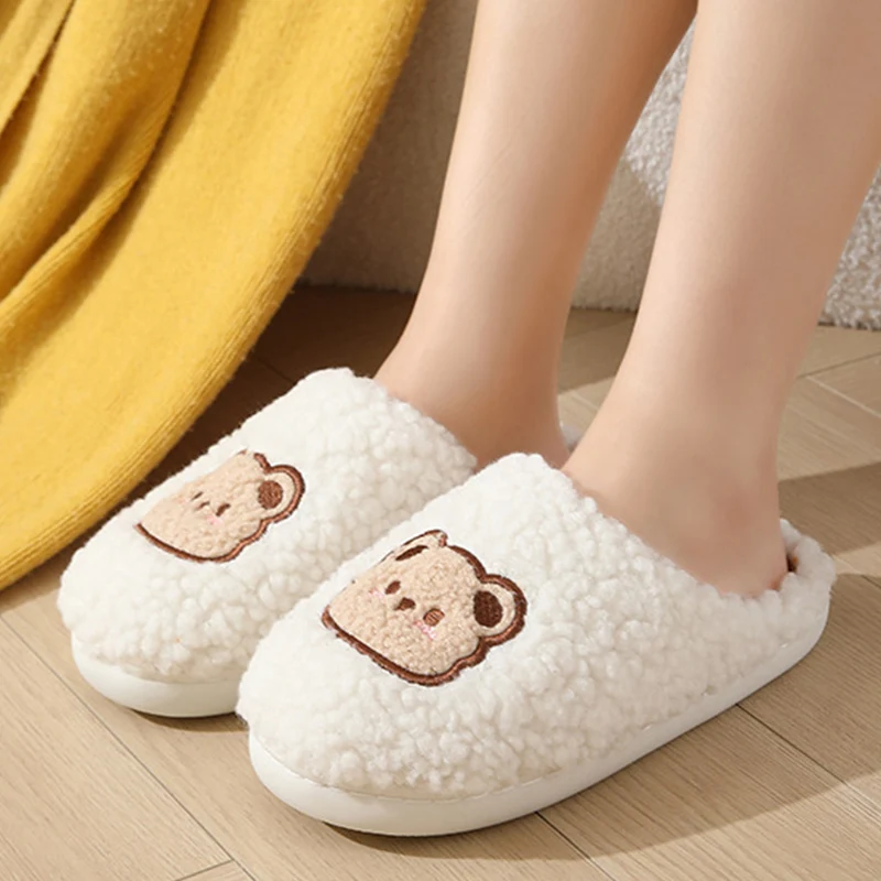 Non Slip Cartoon Cotton Slippers for Women Cute Bear Pattern Home Cotton Slippers Woman 2025 Winter New Indoor Soft Sole Shoes