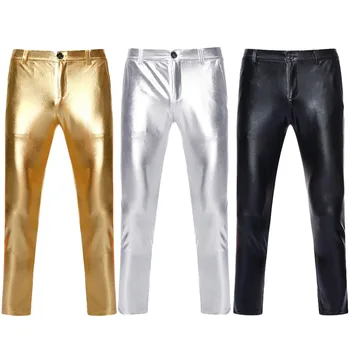 Fashion Men's Skinny PU Leather Pants Mardi Gras Party Performance Costume Glitter Trousers Nightclub Stage Perform Trousers 1