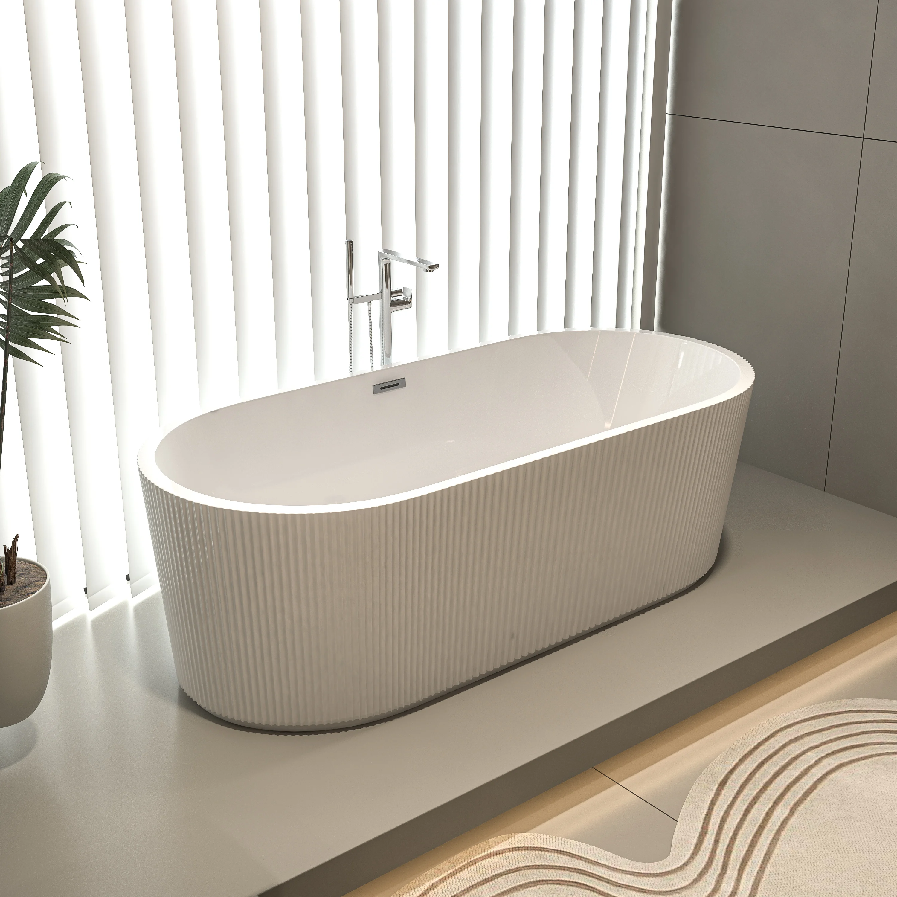 67" Acrylic Freestanding Bathtub-Acrylic Soaking Tubs, Fluted style-Gloss White Freestanding Bathtub With Chrome Overflow and Po