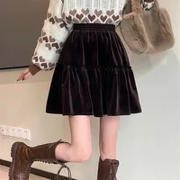 Autumn Winter Women Casual A-line Skirts Brown Velvet Ruffles Basic Mini Skirt Y2K Sweet Girl High Waist Pleated Skirt Plus Size