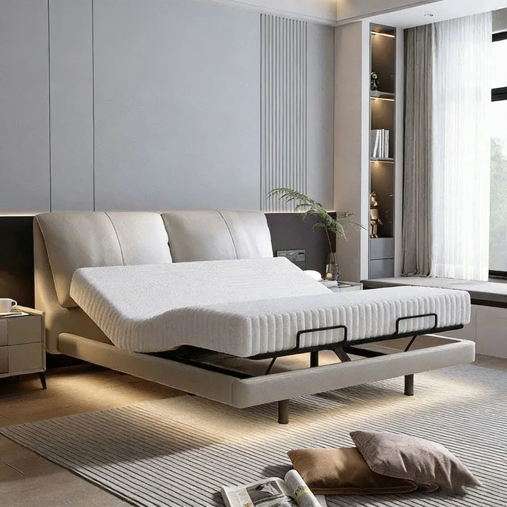 Lit électrique intelligent avec design flottant, cadre de lit en cuir véritable de luxe moderne, lit king size réglable pour chambre principale