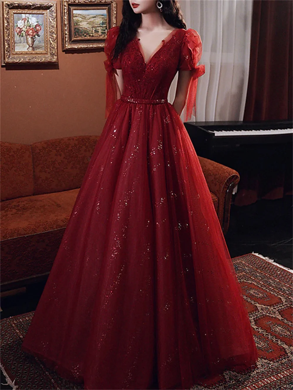

A-Line V-Neck Short Sleeve Prom Dresses Luxurious SequinApplique Engagement Court Train Ladies Organza Backless Lace Insert 2023