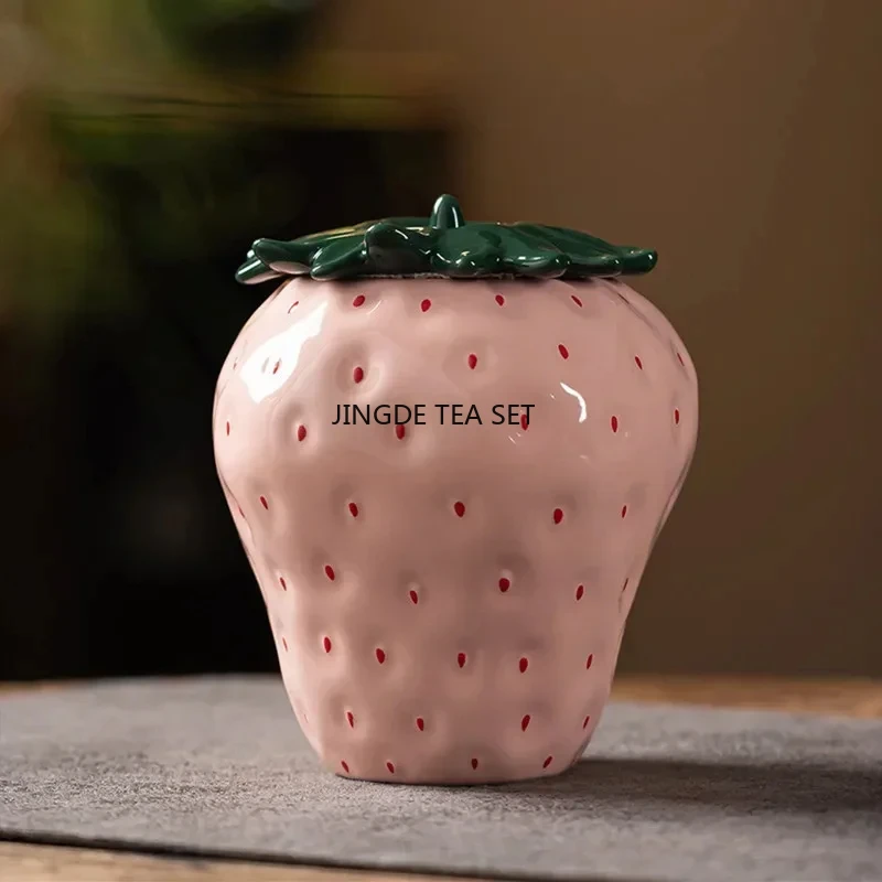 Chinese Ceramic Sealed Container Strawberry Shaped Storage Can Travel Coffee Candy Can Tea Set