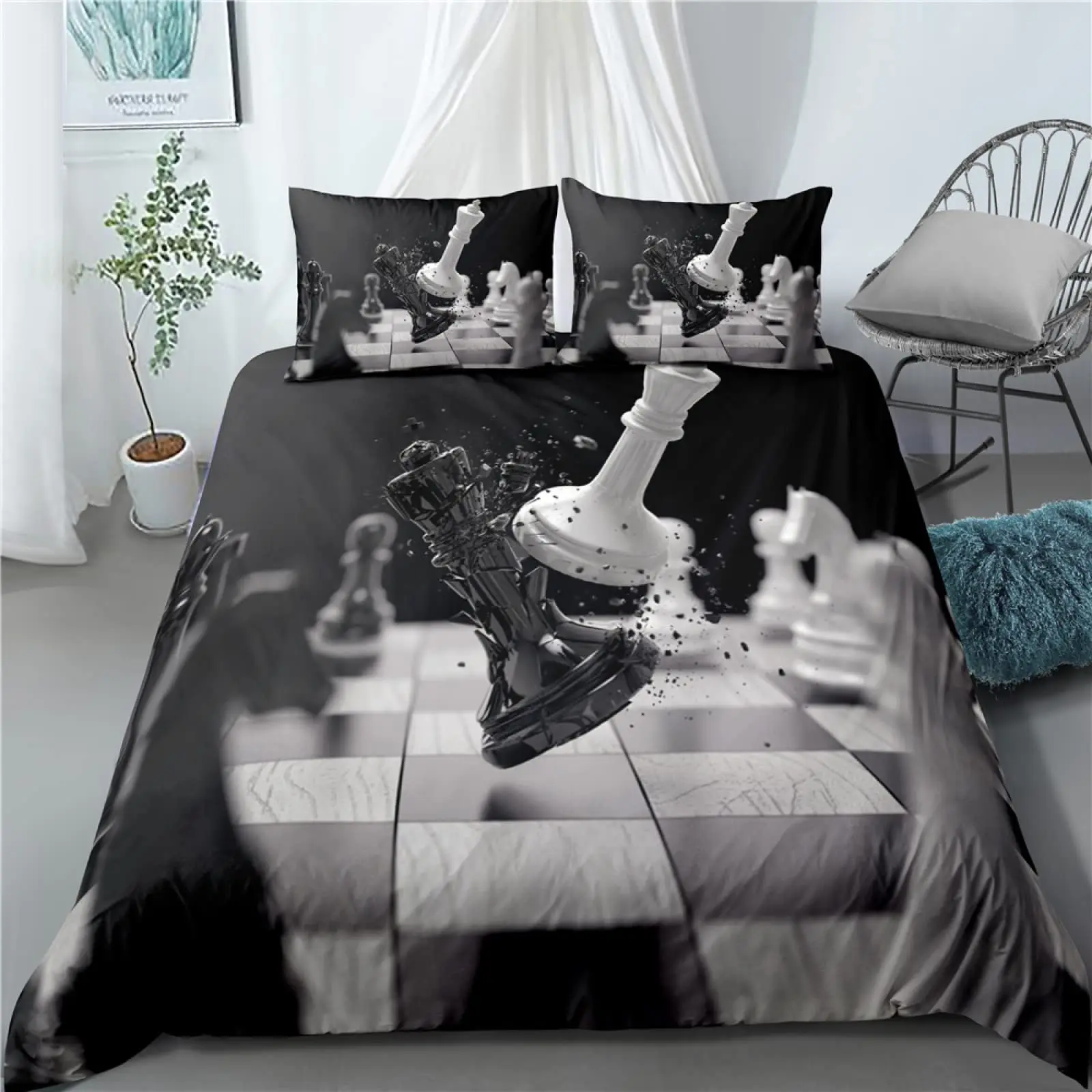 International Chess Duvet Cover Set Black White Lattice Checkerboard Comforter Cover Competition Game for Kids Teens Bedding Set