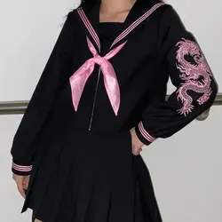 Japanese School Sailor Outfit JK Uniform Pink Dragon Sailor Dress Plaid Skirt Sets Seifuku Girl Uniform Student School Clothes