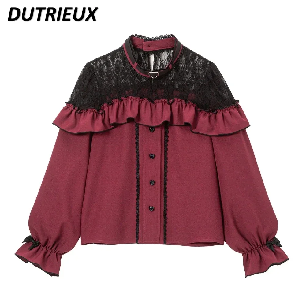 

Autumn Winter New Japanese Style Lolita Sweet Blouse Lace Stitching Bow Love Stringy Selvedge Shirt Student Undershirt Tops