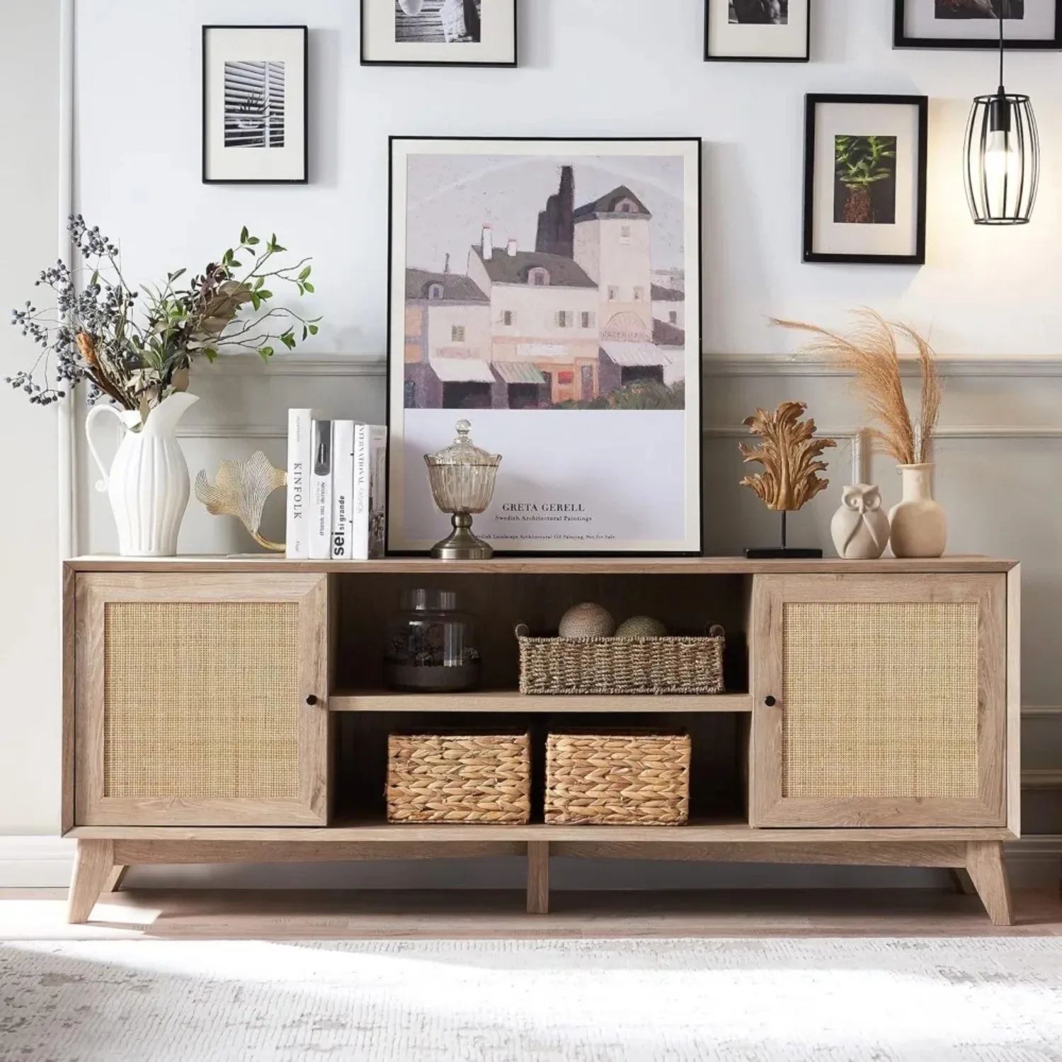 TV Stand for 75+ Inch TV, Modern Entertainment Center w/Natural Rattan Door, Storage Shelves, Large Boho Media TV Console