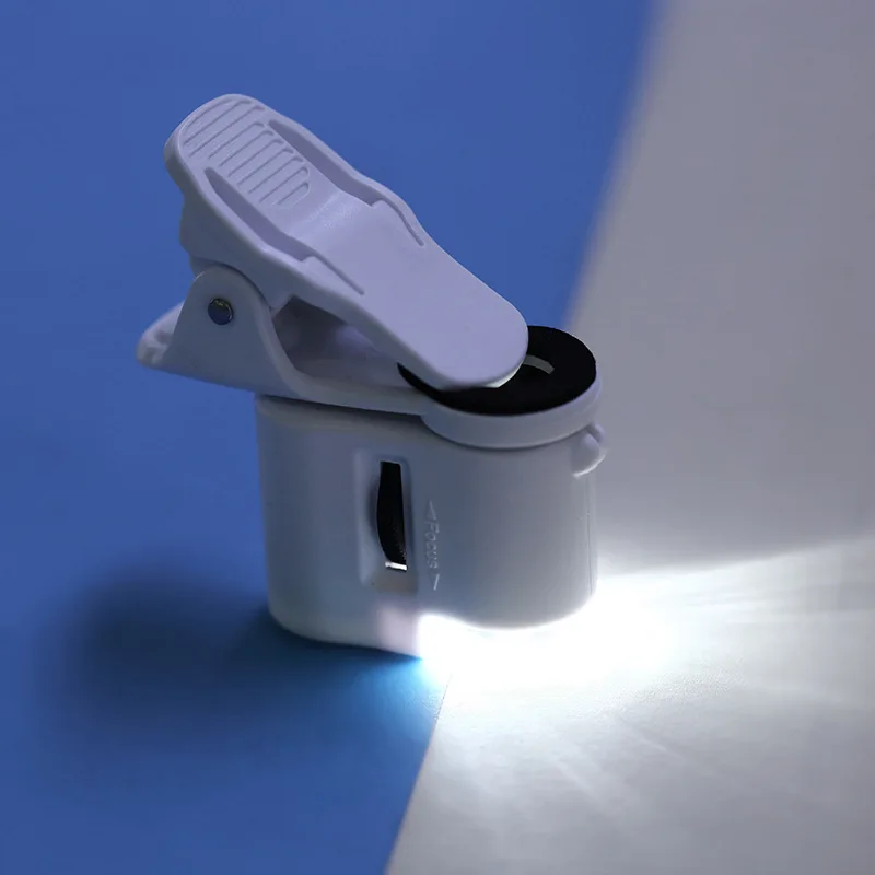 Pocket Microscope Universal Clip 60X LED Jewelry Magnifying Glass Focusing Adjusted with Cell Phone Clip UV Light