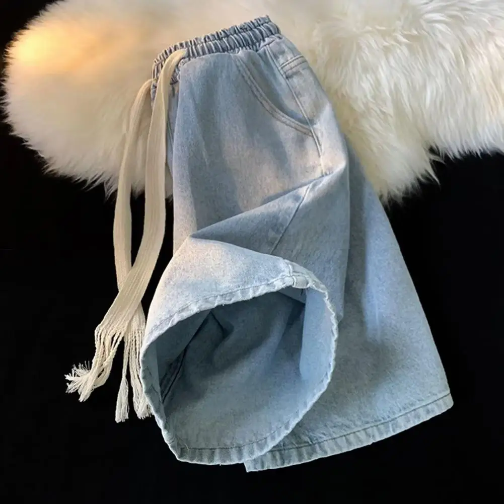 

Denim Bottoms Men's Elastic Drawstring Denim Shorts with Pockets Casual Summer Beach Shorts Quick-drying Wide Leg Shorts for Men