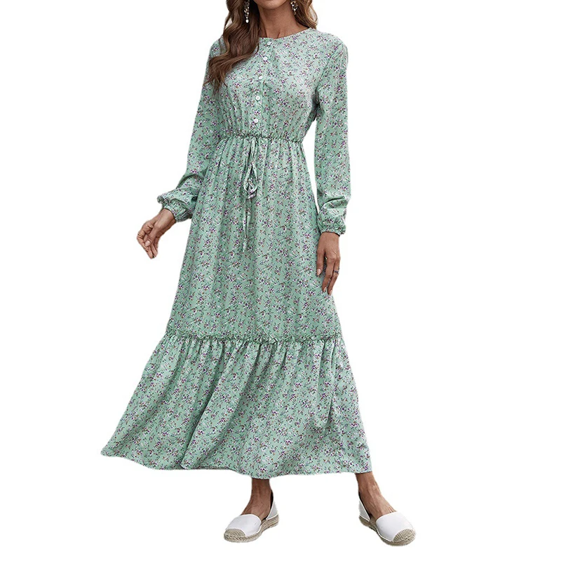 

Abaya Muslim Women's Dress 2022 New Spring Autumn Round Collar Long Sleeve Floral Print Dress Dubai Turkey Femme Islam Robe