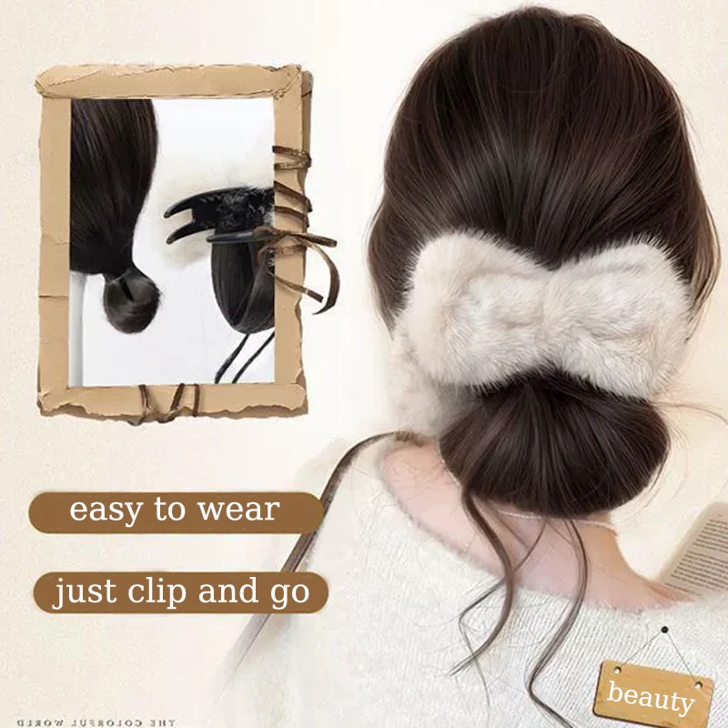 Claw Clip Hair Bun Extensions Wig Synthetic Messy Updo Hair with Duckbill Clip Plush Bow Hair Accessories for Winter Women Hair
