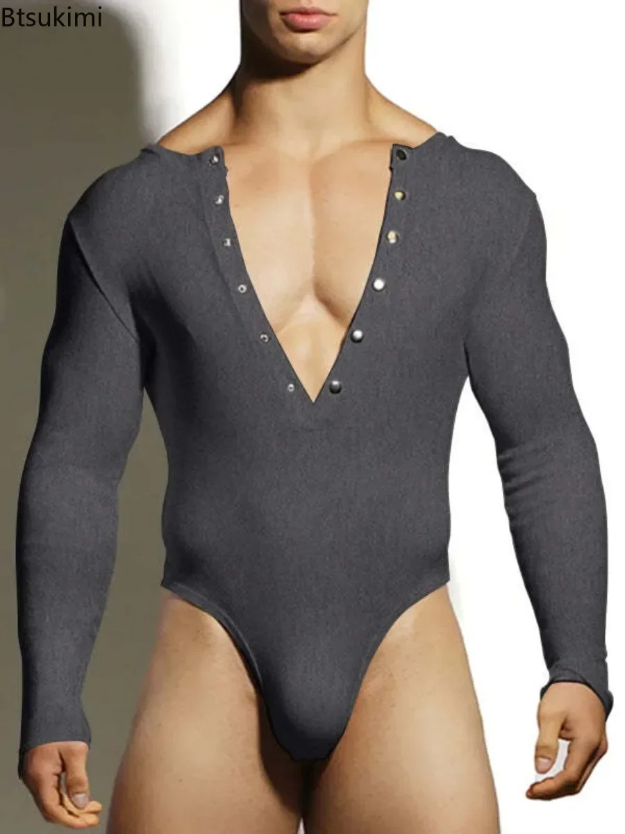 Men Rompers Deep V-neck Breathable Stretch Solid Simple Jumpsuits Casual Fashion Long Sleeved Triangle Bodysuits