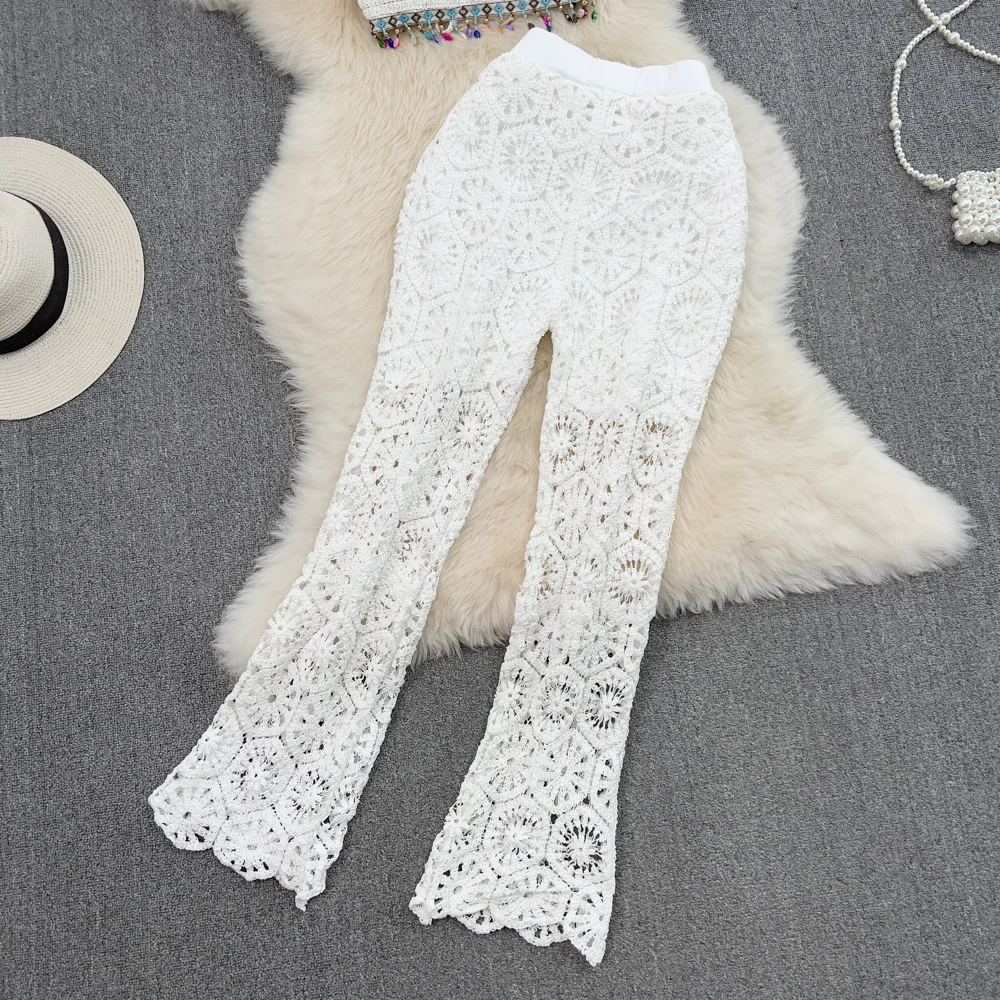 OUMEA Summer Seaside Holiday Suit Female Knitting Hanging Neck Strapless Hook Flower Vest Wear Casual High Waist Bell-bottoms