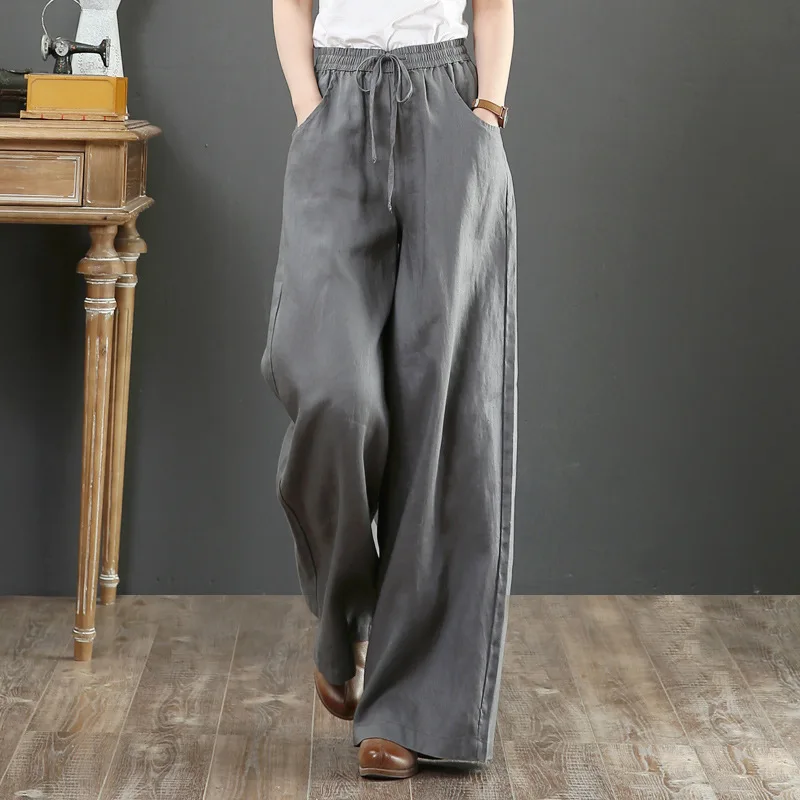 

Casual Cotton Linen Pants Women Summer Solid Color Loose Drawstring Pocket Wide-leg Pants Thin Breathable Soft Straight Trousers