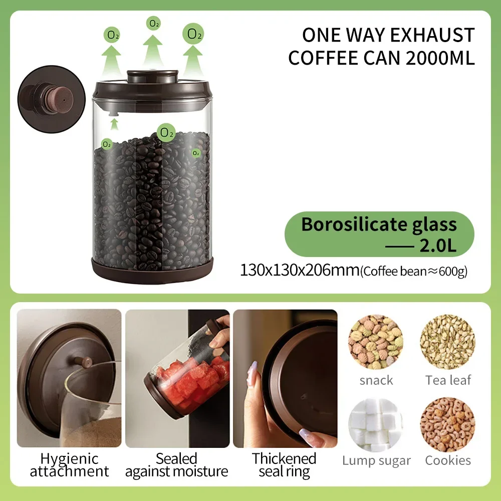 Tanque selado a vácuo para grãos de café, vidro transparente, frascos de armazenamento de alimentos, à prova de umidade, extração de ar, recipiente hermético 11