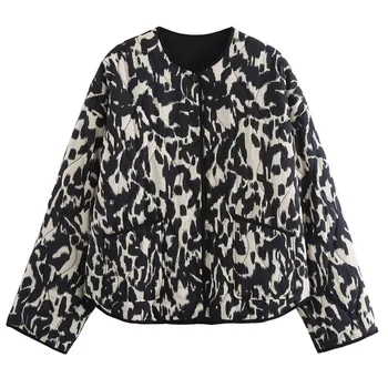 HXAO معاطف للمرأة طباعة قصيرة وسادة مبطنة خمر طويلة الأكمام المرأة مبطن سترة الخريف الشتاء اقتصاص سترة ملابس خارجية 3