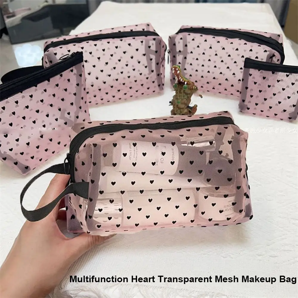 Heart Transparent Mesh Makeup Bag Black/Pink Multifunction Women Cosmetic Storage Pouch Portable Lipstick Organizer Bags