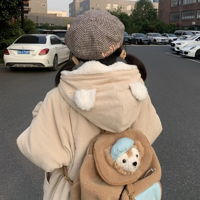  New Winter Cotton Jacket Women's Corduroy Jacket  New Thick Cute Embroidery Bear Snowman with Ears Hooded Cotton Jacket