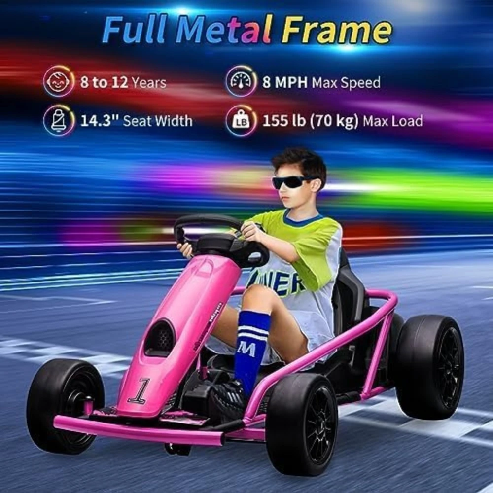 Go Kart 24V 300W*2 Motors 9Ah Battery 8MPH High Speed Drifting Music Horn Max Load 175lbs Outdoor go kart parts