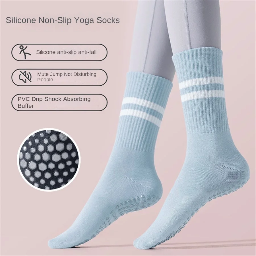 1 pair of women's yoga socks skipping rope sports socks Pilates indoor anti slip floor double bar mid leg socks