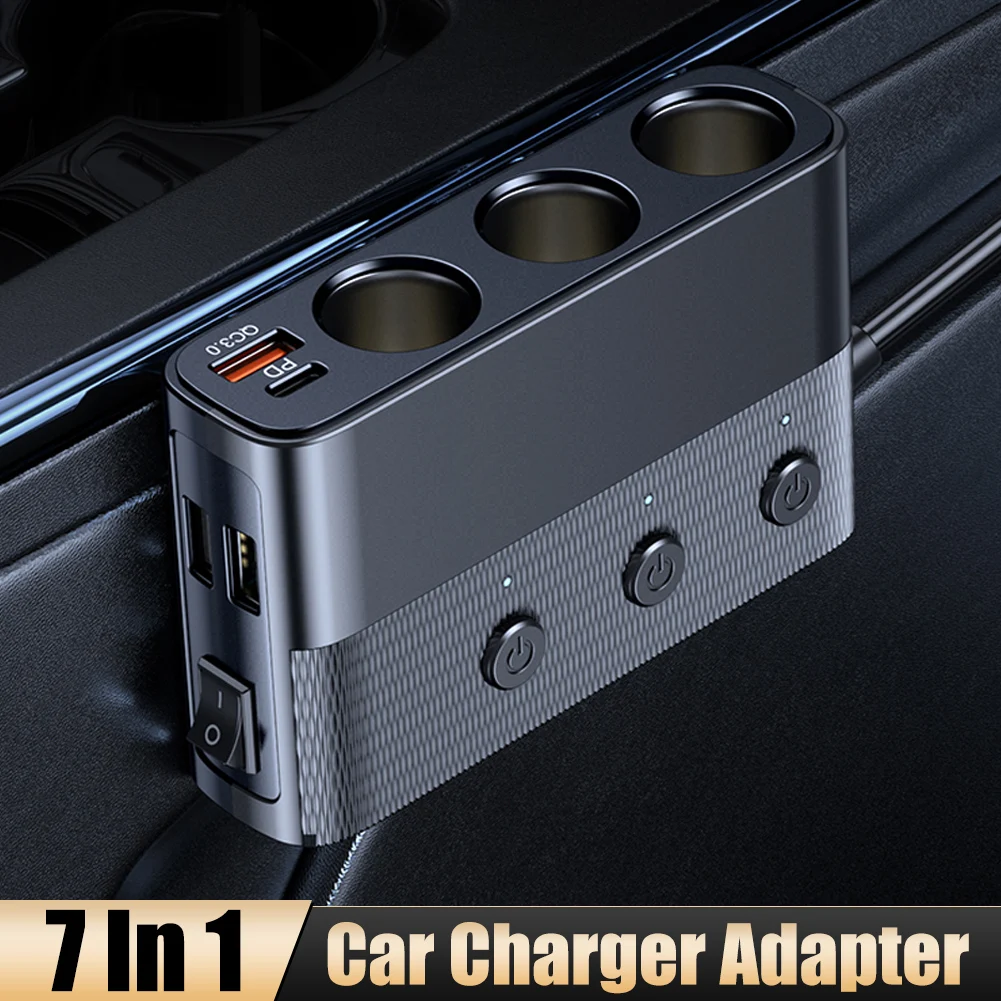 

128W 7 In 1 Car Charger 12V PD 30W QC3.0 Fast Charging Type-C Charger Adapter with Independent Switch Cigar Lighter Splitter