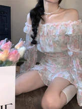  Pure Desire Suit Female Off Shoulder Skirt Sets Ladies Long Sleeve Short Lace Shirt Summer Floral Bag Hip Skirt Two Piece Set 