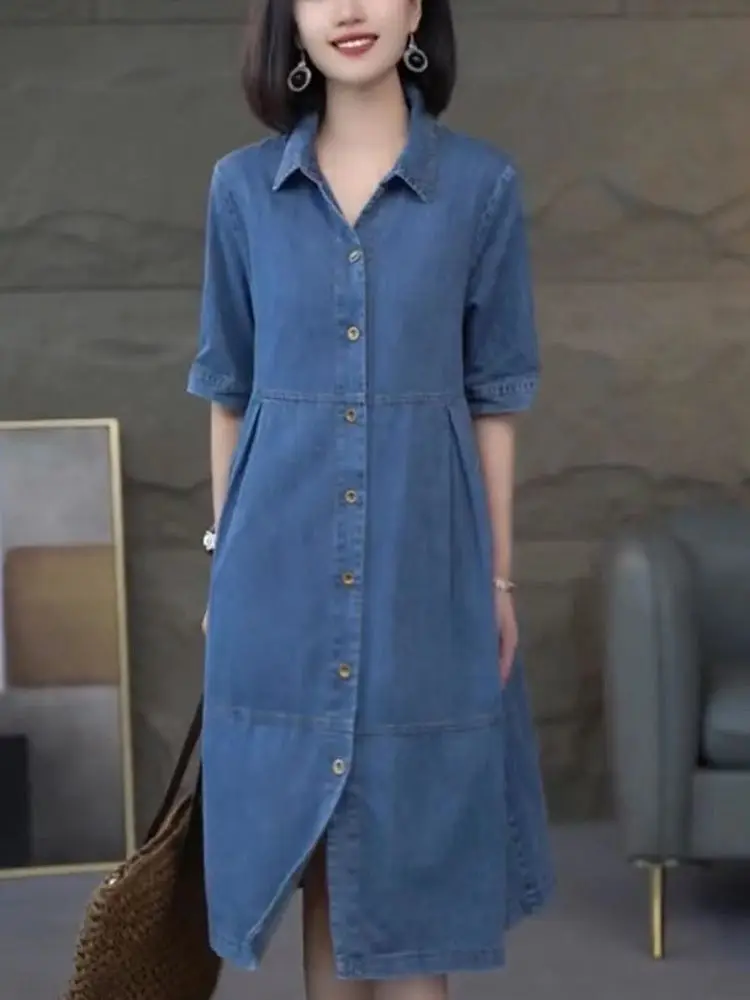 

New Korea Fashion Summer Short Sleeve Women Denim Cardigan Dress Ladies Womens Loose Dresses Casual Cardigans Cotton Long Dress