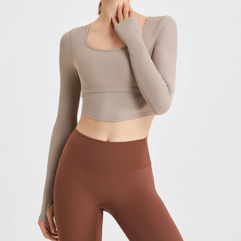 QINACTIVE Yoga suit with long sleeves chest pads new autumn winter tight fitting top T-shirt sport running training fitness suit