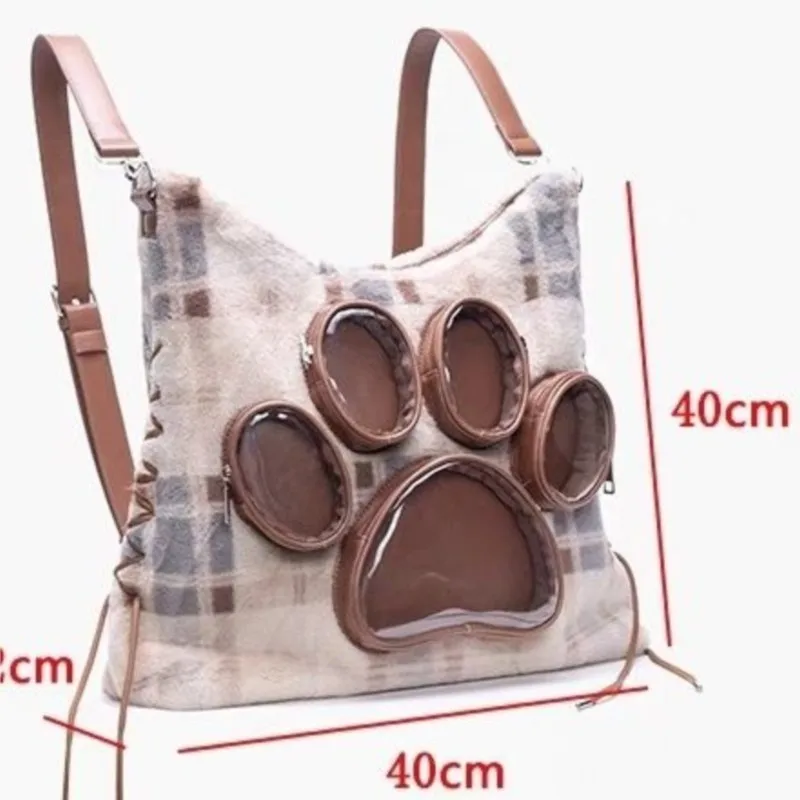 JIAERDI Sweet Cute Cat Claw Backpack Women Plush Soft Large Capacity Handbag Messenger Bag Female Transparent Mochila Aesthetic