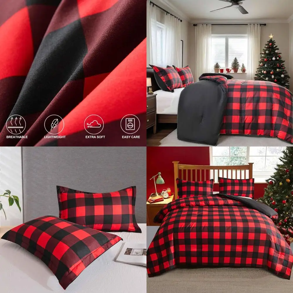 Reversible Microfiber Duvet Cover Set - Red & Black Buffalo Check Plaid, 3-Piece Modern Bedding for Christmas & New Year, 90x90 description