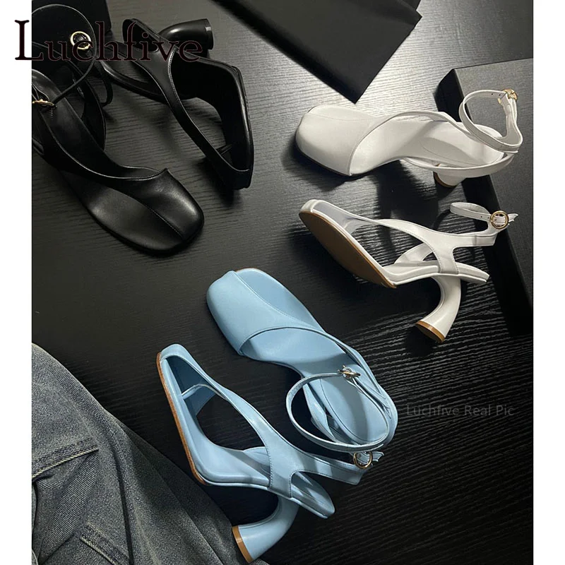 2024 Summer New Genuine Leather Strange Heels Shoes for Women Square Buckle Strap Pumps Brand Sexy Party Shoes Mujer