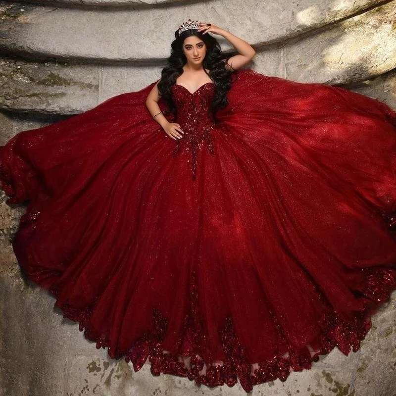 Robes de Quinceanrea bordeaux avec appliques en dentelle chérie, robe de Rh, Sweet 15, 16, concours de beauté, quel que soit le gala de princesse, rouge, nouveau, 2023