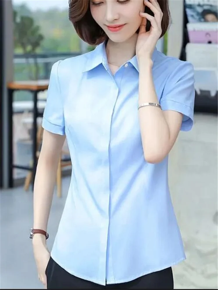 

New Blue Blouses Professional Shirt Women's Short Sleeve Shirt Summer Tops Work Wear White Shirt OL Button Female Casual Blouse