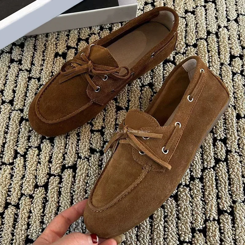 

2024 New British Style Lace up Flat Loafers Shoes for Women Genuine Leather Brown Comfortable Vacation Driving Shoes For Women