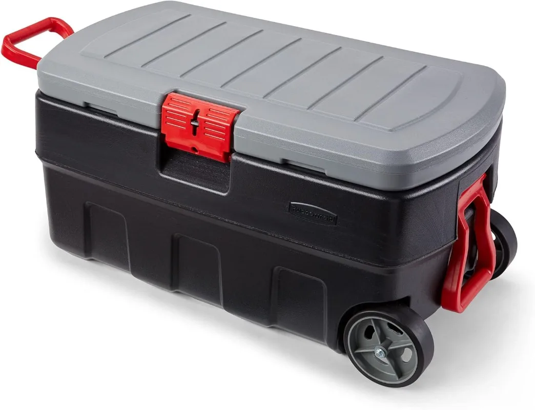 

Rubbermaid 35 Gal Wheeled Lockable Storage Bin with Lid, Heavy-Duty Water Repellent Industrial Container, Tool Organizer