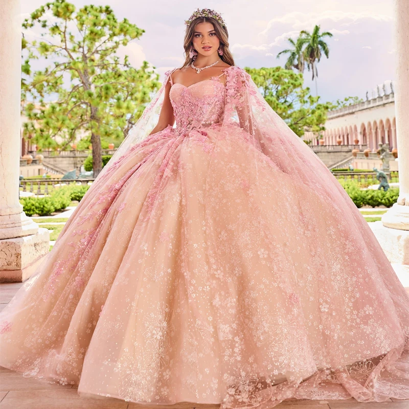 

Pink Shiny Sweetheart Princess Quinceanera Dress Lace Beading Tull With Cape Ball Gowns Vestidos De 15 Años