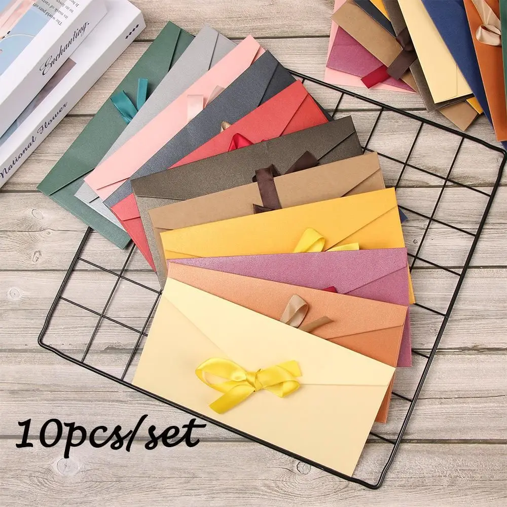 Envelope Pearlescent Paper Bow Thicken Ribbon Retro Creative Color Stationery Wedding Invited Gift 10 Pcs/set kraft paper envelopes,window envelopes,mailing envelopes,mini envelopes