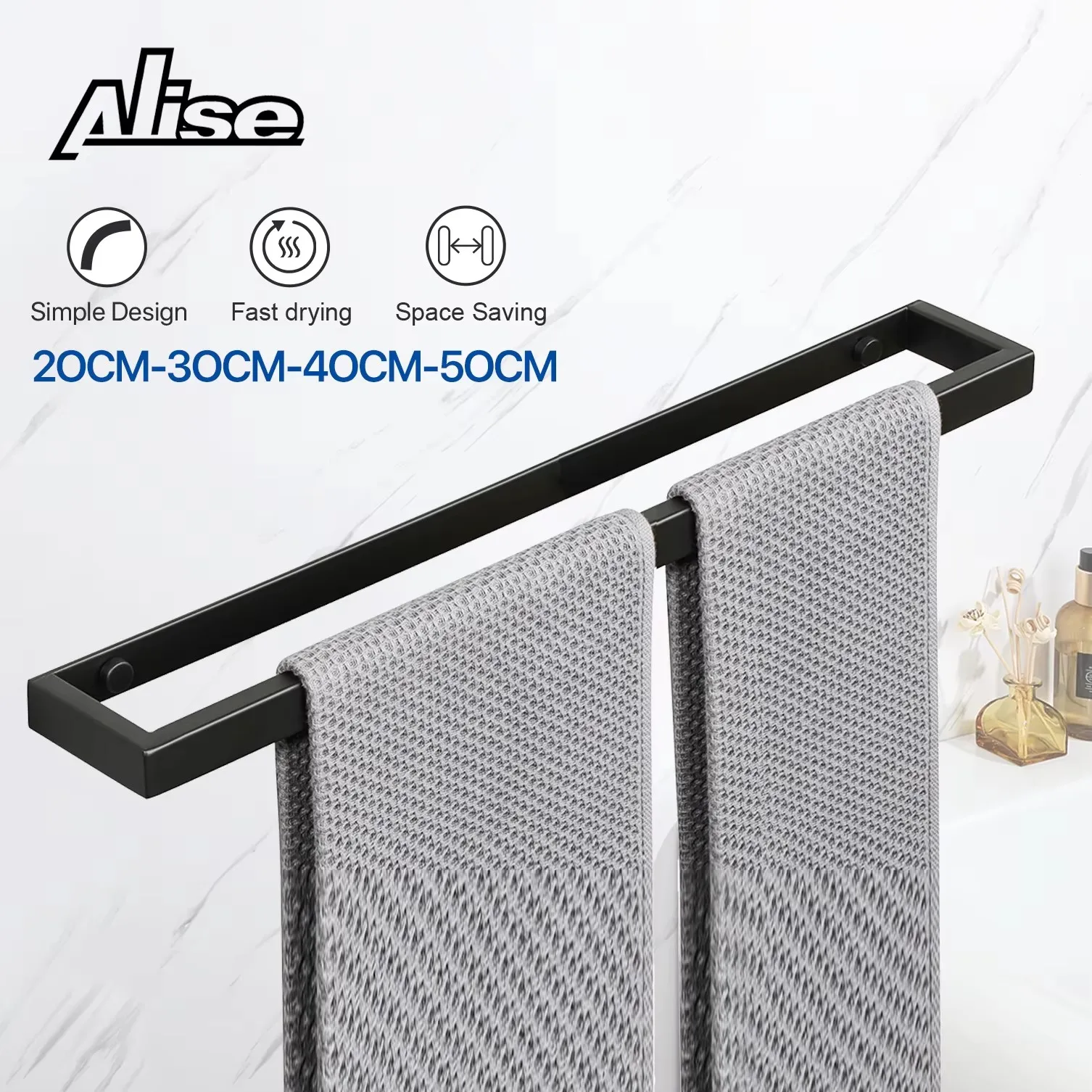 Portasciugamani Da Parete In Acciaio Inossidabile 304 – Lunghezza 61 Cm – Design Moderno Nero Opaco